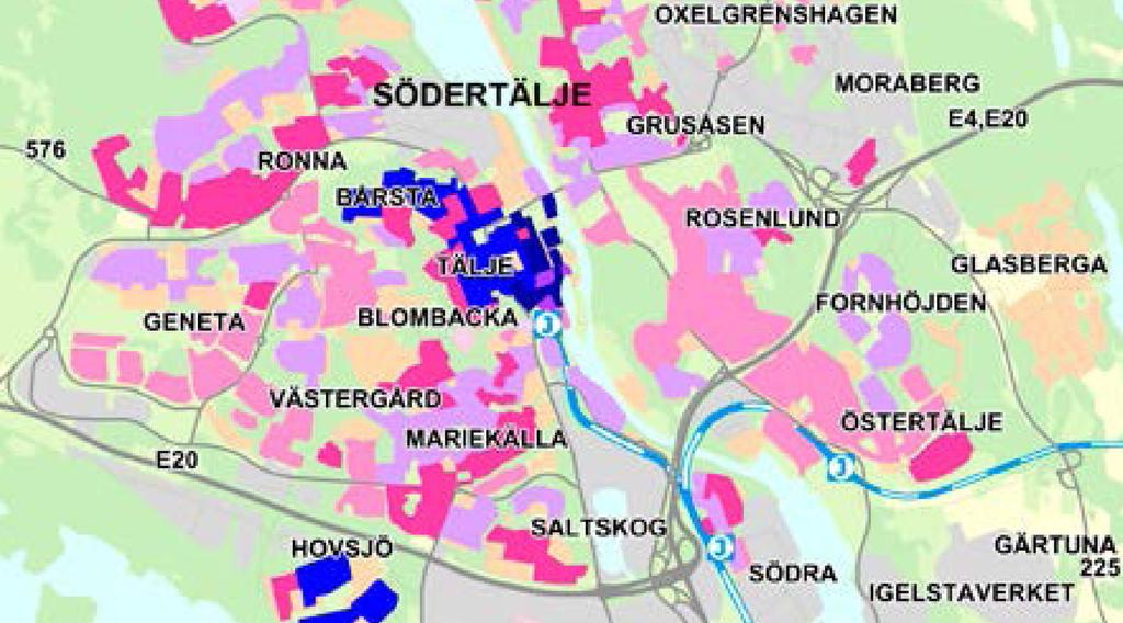 58) Översiktsplanens principer för förtätning I 1:a hand i tyngdpunkterna I 2:a hand i övriga bebyggda områden I 3:e hand längst strategiska stråk och i mellanrum som knyter i hop stadsdelarna med