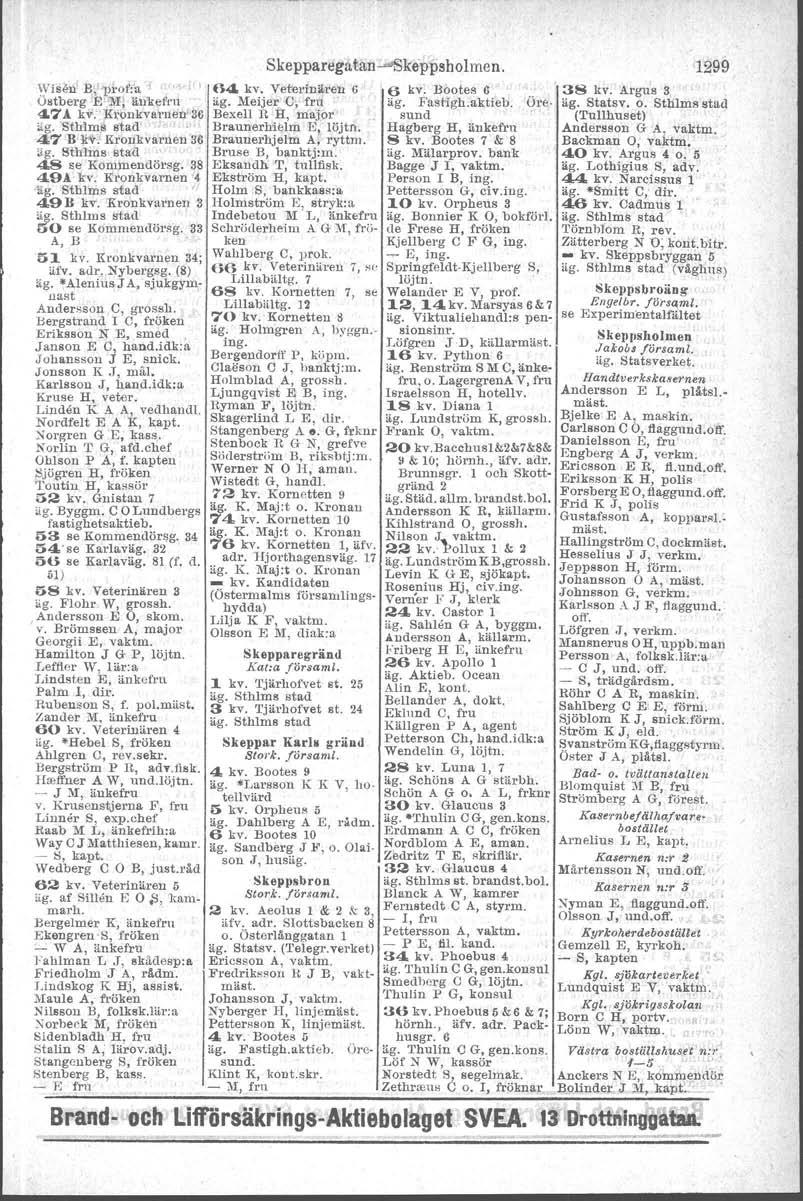 Wiseli B,' prof:a, 64 kv, Veterinären 6 Östberg E''J'lJl änkefru äg. Meijer' e, fru 47 A kv,"k,.onkvamen' 36 Bexell H fl, major ä,a Sthlms stad' I ~ Braunerhielm Et löjtn. 47]l ji.
