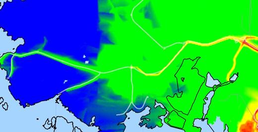 Figur 4.1. Beräkning av kvävedioxid som dygnsmedelvärde år 2009 över väg 155, Öckeröleden.