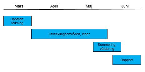 Arbetet har i grova drag följt följande tidsplan: Arbetet med att fånga in idéer har genomförts på följande sätt: - Samtal med aktörer i livsmedelskedjan, personliga möten eller via telefon.