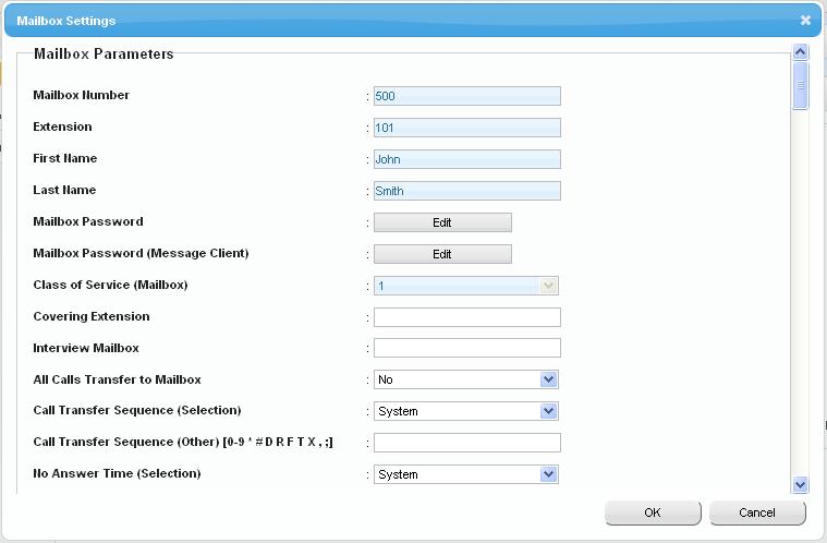 3.2.1 Användarprogrammering 2. Dialogrutan Mailbox Settings visas. Nedanstående alternativ kan redigeras.