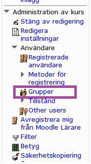 Skapa nya grupper Grupper för olika gruppuppgifter i kursen skapar du under Administration av kurs -> Grupper.