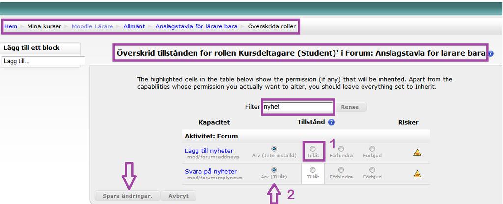 Längst upp syns tydligt och klart vad vi just nu håller på med, på en av Mina kurser kallad Moodle Lärare, i sektionen Allmänt, på aktiviteten Anslagstavla för lärare bara är vi inne på funktionen