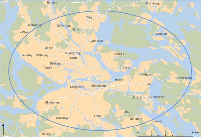 11(46) Streckad blå linje illustrerar utbyggd blå linje med nya stationer och uppgångar 1.3 Upplägg av studiearbete Studiens omfattning är att utreda nya linjer i pendelbåtstrafik med SL-taxa.