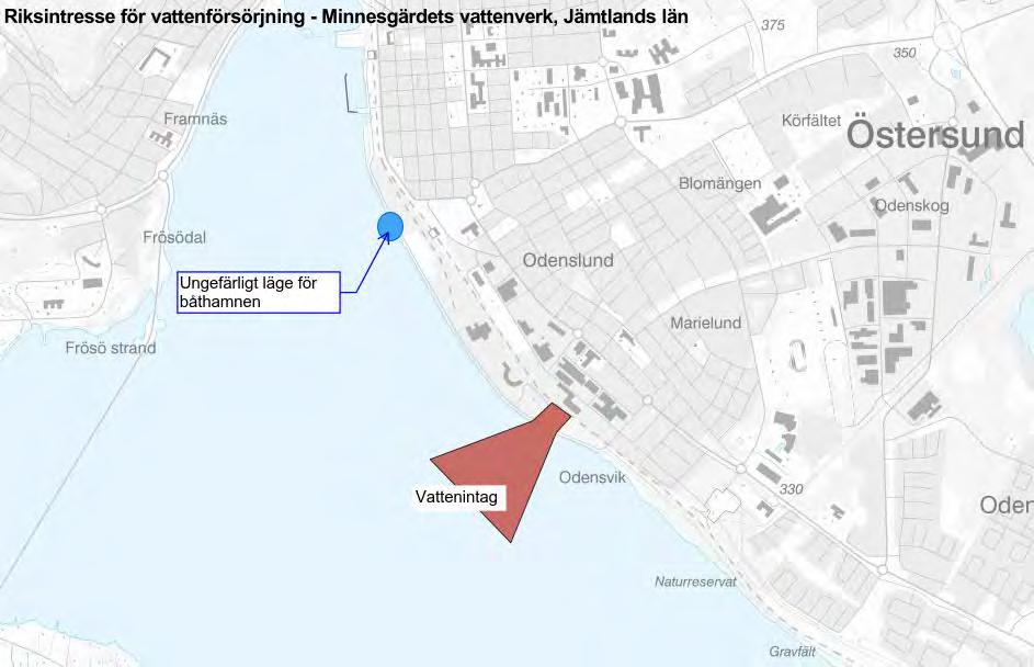 Figur 2. Vattenintag till Minnesgärdets dricksvattentäkt i förhållande till aktuellt område.