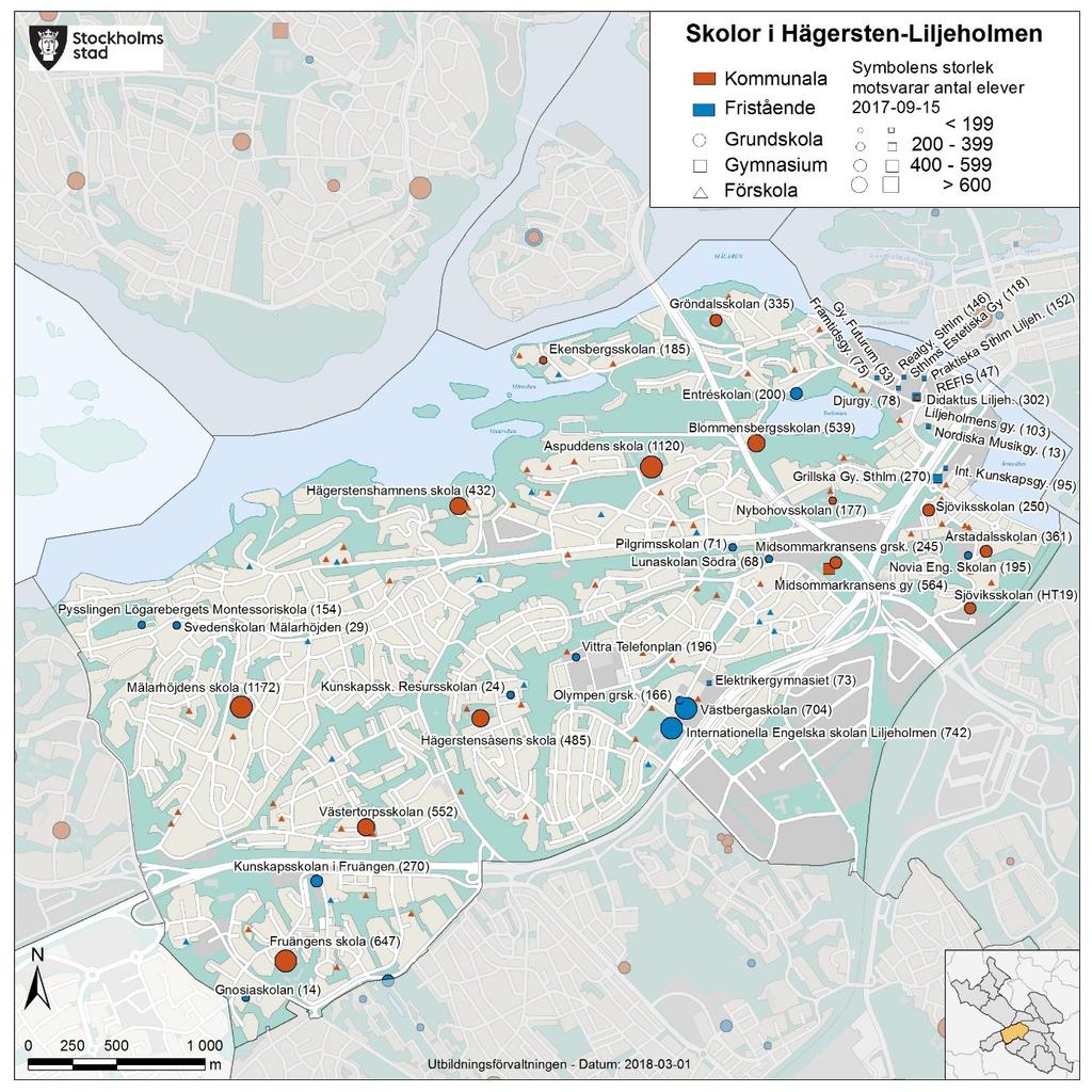 Sid 20 (62) Hägersten-Liljeholmen Nuläge Befolkningsantal 6-15 år 2017 8 599 Elevantal F-9 2017 9 334 Varav: går i skolan i SDO 7 359 i kommunal skola 6 500 går i skolan i ett annat SDO 1 240 i