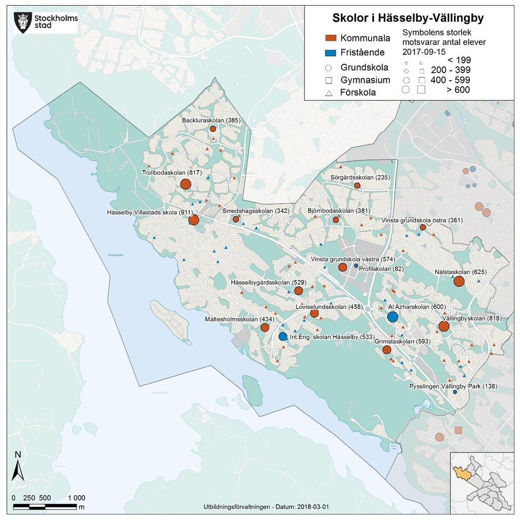 Sid 24 (62) Hässelby-Vällingby Nuläge Befolkningsantal 6-15 år 2017 9 812 Elevantal F-9 2017 8 794 Varav: går i skolan i SDO 7 807 i kommunal skola 7 458 går i skolan i ett annat SDO 2 005 i