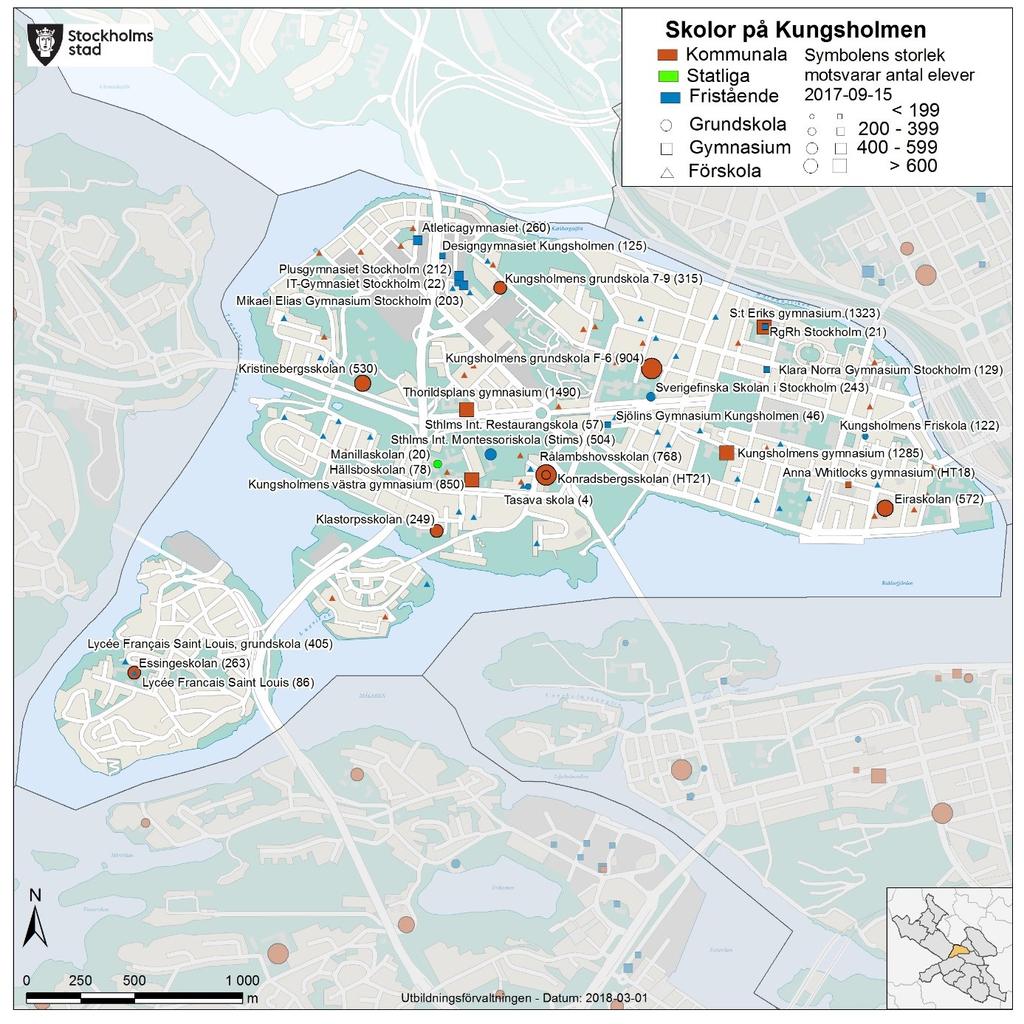 Sid 28 (62) Kungsholmen Nuläge Befolkningsantal 6-15 år 2017 4 600 Elevantal F-9 2017 4 957 Varav: går i skolan i SDO 3 692 i kommunal skola 3 601 går i skolan i ett annat SDO 908 i fristående skola