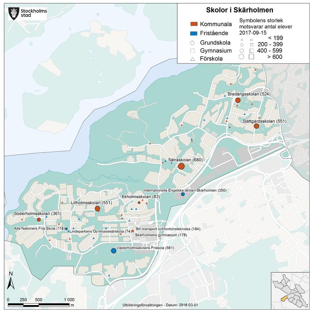 Sid 43 (62) Skärholmen Nuläge Befolkningsantal 6-15 år 2017 4 620 Elevantal F-9 2017 3 779 Varav: går i skolan i SDO 3 428 i kommunal skola 2 750 går i skolan i ett annat SDO 1 192 i fristående skola