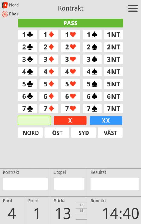 Registrering av kontrakt, utspel och resultat Det första fönstret som visas för ronden är kontraktsfönstret, budlådan. Gemensamt för alla efterföljande fönster är de 2 undre raderna.