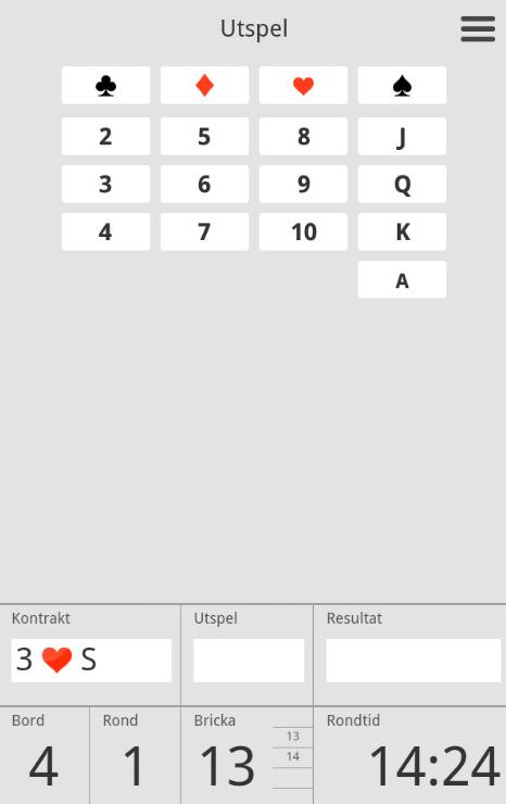Raden ovanför visar registrerat kontrakt, utspelskort och resultatet. Kontraktet registreras genom att klicka på en ruta med valör och färg t.ex. 3HS (3 hjärter Syd).