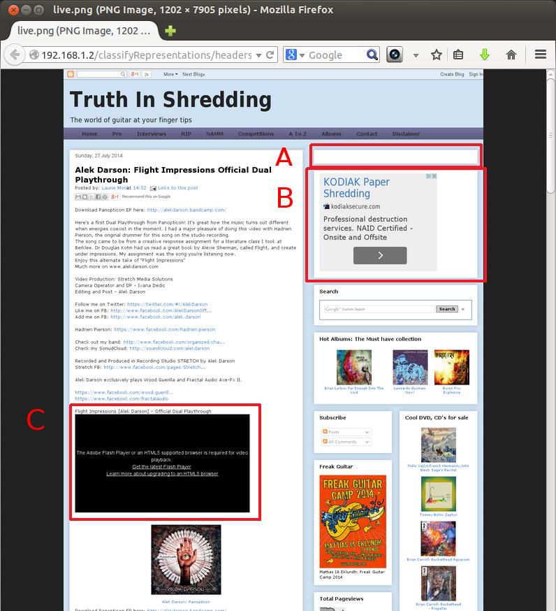 Figure 1: Neither archival tool captures all embedded resources, but PhantomJS discovers the URI-Rs of two out of three embedded resources dependent upon JavaScript (B, C) while