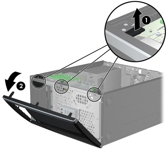 Ta bort täckramen för frontpanelen 1. Ta bort/koppla bort alla säkerhetsanordningar som förhindrar att datorn öppnas. 2. Ta bort alla flyttbara medier, t.ex.