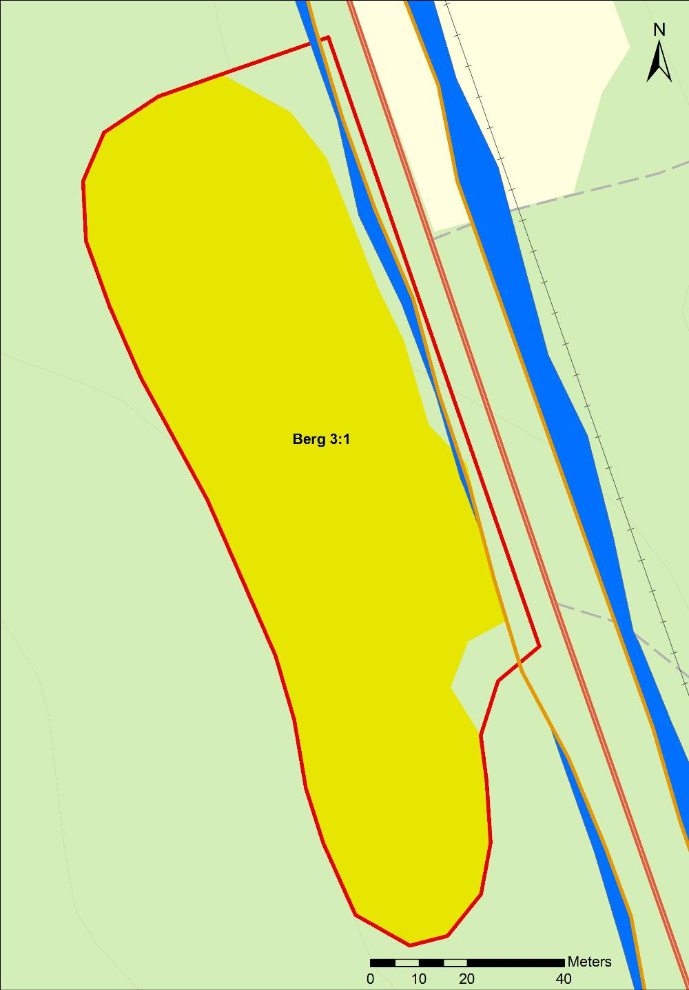 Berg 3:1 Lämningen avgränsades okulärt och med hjälp av jordsond för att fastställa lämningens utbredning i förhållande till det planerade vägområdet.