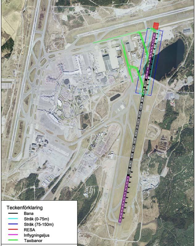 2009-11-30 01.00 D-LFV 2009-058947 52(55) Utsläpp till vatten Figur 19 Område som berörs vid en förlängning av bana 3 med 1 200 meter norrut.
