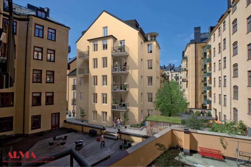 Utevistelse Innergården, förgårdsmarken och en takterrass om ca 25 m 2 kommer att vara gemensam vistelseyta för gårdshus och gathus.