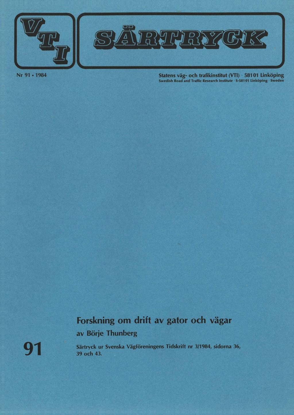 Nr 191;.111-984 1 Statens Väg- och,trafikinstituf (VT)J-.