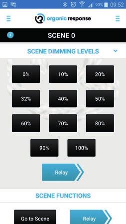Konfigurering av scener (Configuring Scenes) forts. 1. I denna meny kan man välja exakta %-värden för att säkerställa att nivåer är lika i en grupp armaturer 2.