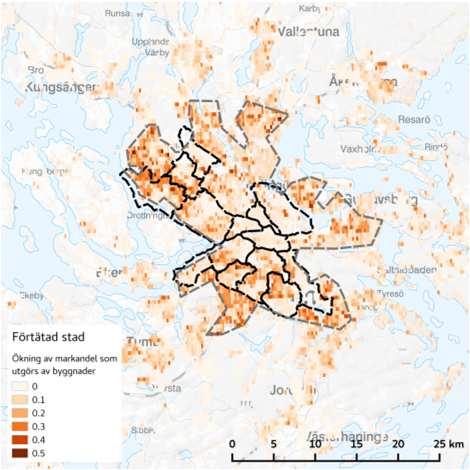 officiellt mål om 140 000 nya bostäder Modellerad utbyggnad enligt regionala utvecklingsscenarier ger kraftig utbredning av staden Förändringar i hela Stockholmsregionen