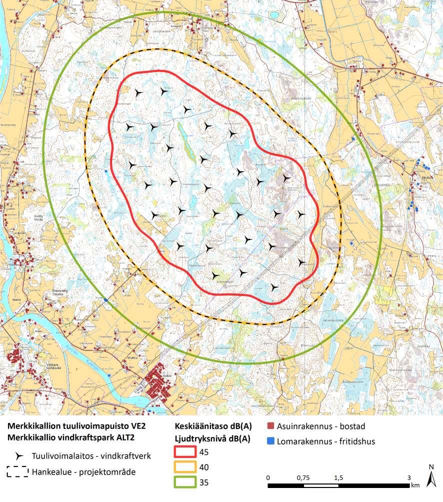34 (87) MÄRKENKALL VINDKRAFTSPARK FCG DESIGN OCH PLANERING AB PROGRAM FÖR MILJÖKONSEKVENSBEDÖM- NING Bild 9.2 Preliminära resultat av bullermodelleringen för alternativ 2 (30 vindkraftverk). 9.1.