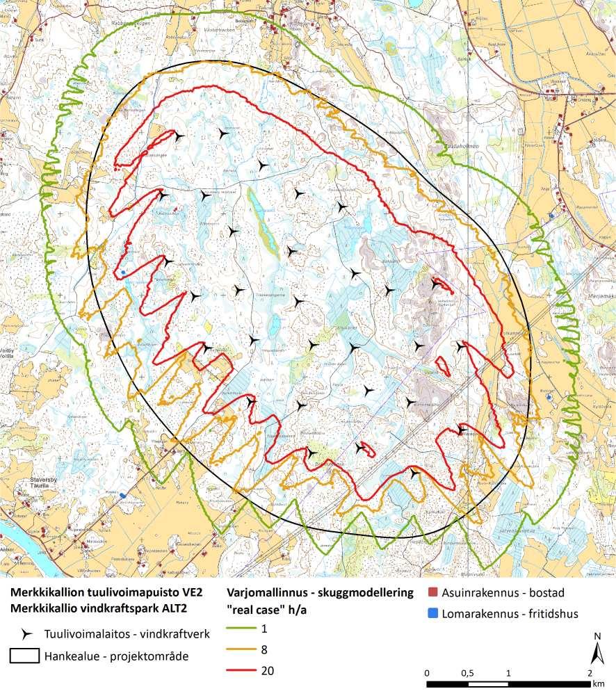 FCG DESIGN OCH PLANERING AB MÄRKENKALL VINDKRAFTSPARK 37 (87) PROGRAM FÖR MILJÖKONSEKVENSBEDÖMNING Resultaten av modelleringen åskådliggörs på utbredningskartor, som områdesvis visar hur länge