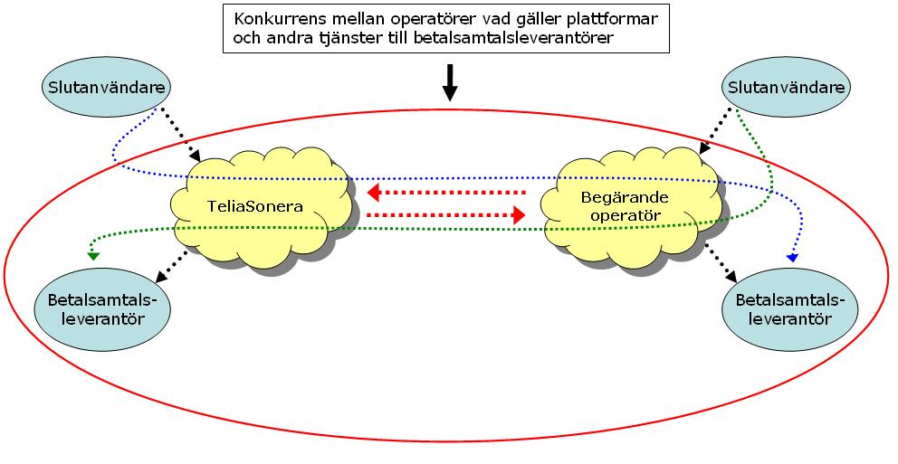 Figur 7 Konkurrens om plattformar och tjänster till betalsamtalsleverantörer För att en effektiv konkurrens på en betalsamtalsmarknad ska kunna uppkomma behöver betalsamtalsleverantörerna få tillgång