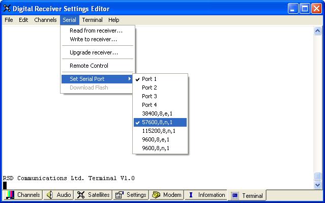 Inställning och användning av SatEdit V3 Välj fliken Terminal i underkant där all information visas, när ny mjukvara laddas ner i mottagaren.