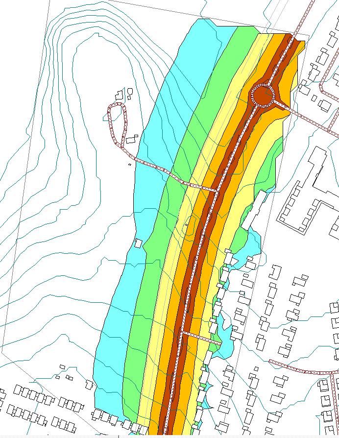 Blå zon: 45-50 dba (längre än ca 70 m från vägmitt) Grön zon: 45-55 dba (ca 40-70 m från vägmitt) Gul zon: 55-60 dba (ca 20-40 m från vägmitt) Orange zon: 60-65 dba (ca 12-20 m från vägmitt) Röd zon: