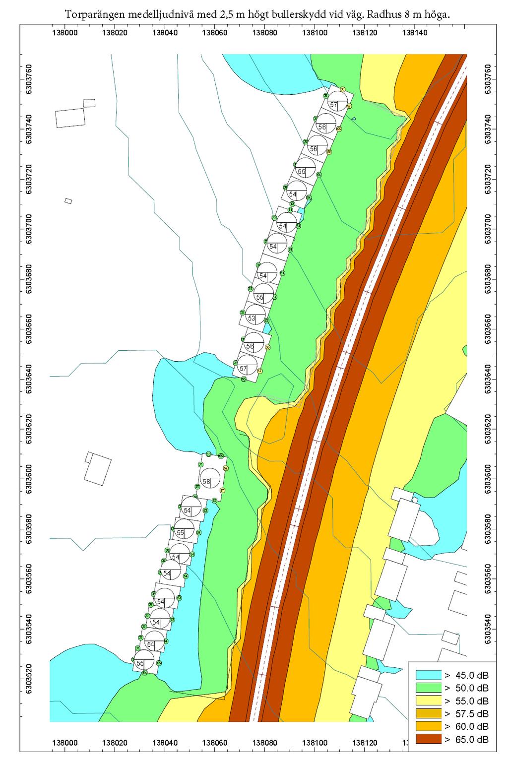 Beräknade ekvivalenta bullernivåer längs med Torparvägen med anpassad husplacering och bullerreducerande