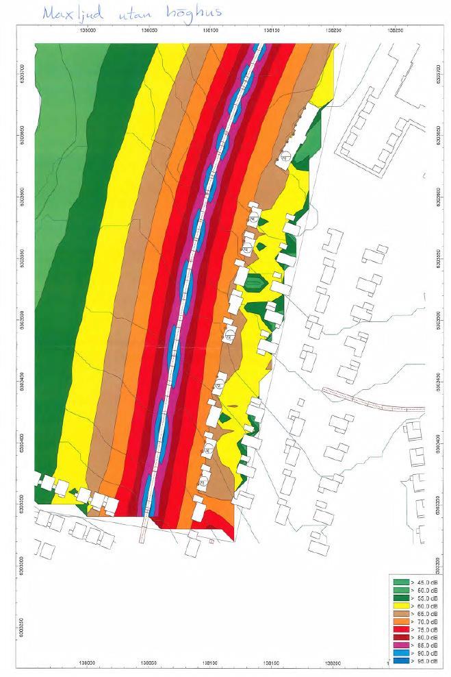 Reflektion maxljud, utan ny bebyggelse Beräknade reflekterande maxljud utan ny bebyggelse väster om Torparvägen (dagsläget)