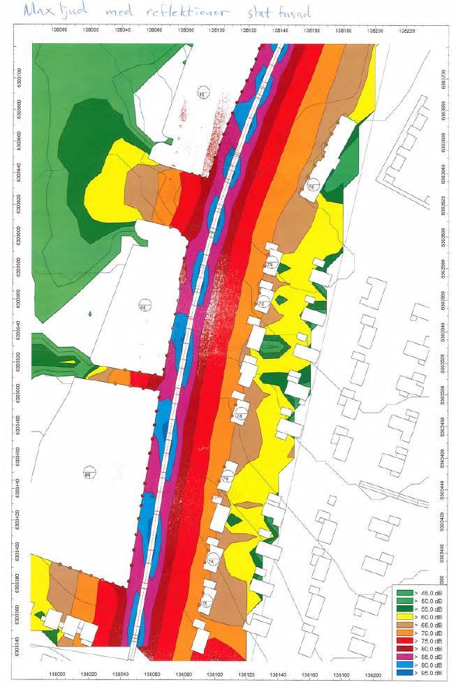 Reflektion maxljud, vid ny bebyggelse med reflekterande fasadmaterial Beräknade reflekterande maxljud vid ny bebyggelse väster om Torparvägen, med reflekterande fasad.