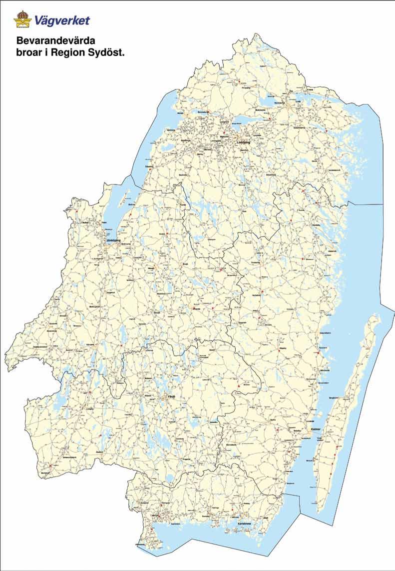 Karta över Region Sydöst med bevarandsvärda broar E346 E47 E138 E38 E121 E654 H23 R54 F22 H58 H21 F261 H29 F117