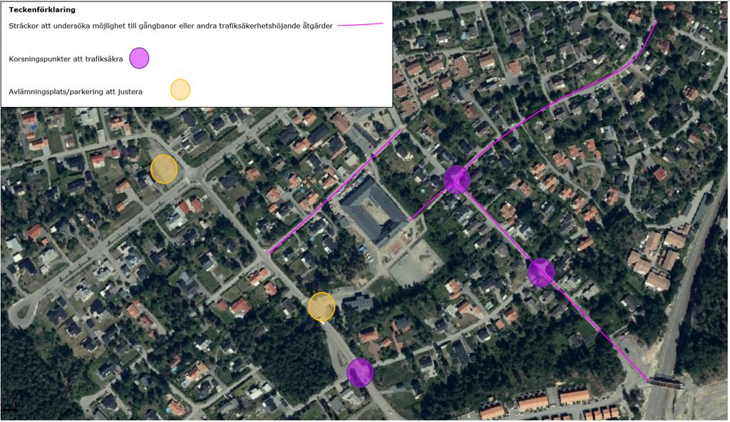 Figur 6. Karta rekommenderade åtgärdsförslag. Den nya pendeltågsstationen i Vega kommer att förändra rörelsemönstren. Dagens rörelsemönster behöver därför inte vara morgondagens.