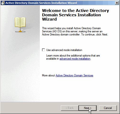 DCPROMO installations guide Nu startar en installations guide för Active Directory Domain Services.