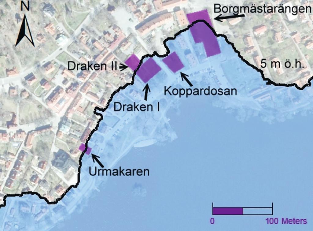 ANNE HOMEISTER M. FL. Figur 1. Undersökningsytorna ställda mot 5-meterskurvan. Underlag: Ortofoto av Sigtuna, Lantmäteriet I2014/00691.