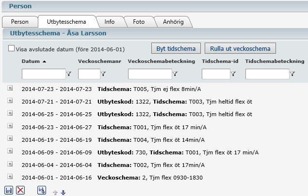 Listan utbytesschema Listan utbytesschema visar en sammanställning över samtliga schemabyten med information om när schemabytet gjorts och av vem.