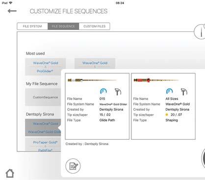 6.6.9 Anpassa den endodontiska filsekvensen En filsekvens är en samling endodontiska filar som har använts under en behandling. Sekvensen utgörs av filar från Dentsply Sirona eller egna filar.