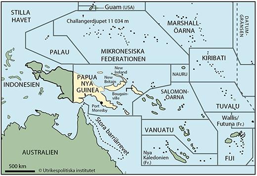 Yta 462 840 km2 (2017) Tid svensk +9 timmar Angränsande land/länder Indonesien Huvudstad med antal invånare Port Moresby 345 160 (FN-uppskattning 2015) Övriga större städer Lae ca 150 000