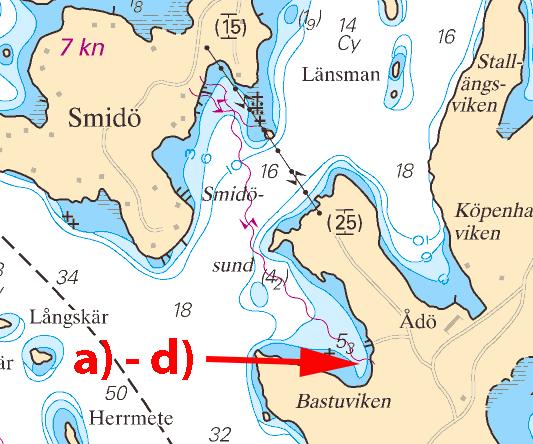 18 december 2013 * 9175 Sjökort: 111 b) 59-28,04N 17-34,02E c) 59-28,48N 17-33,84E d) 59-28,54N 17-33,70E landfäste, Smidö Smidösund Upplands-Bro kommun. Publ.
