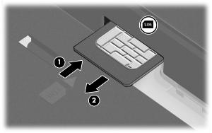 7. Tryck in SIM-kortet (1) och plocka sedan bort det från kortuttaget (2). 8. Sätt tillbaka batteriet. 9.