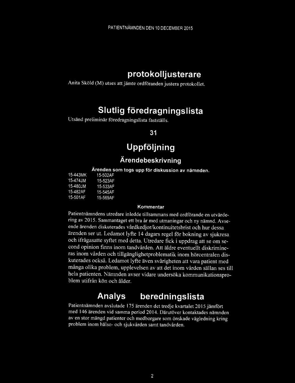 15-502AF 15-523AF 15-533AF 15-545AF 15-569AF Kommentar Patientnämndens utredare inledde ti11sammans med ordförande en utvärdering av 2015. Sammantaget ett bra år med utmaningar och ny nämnd.