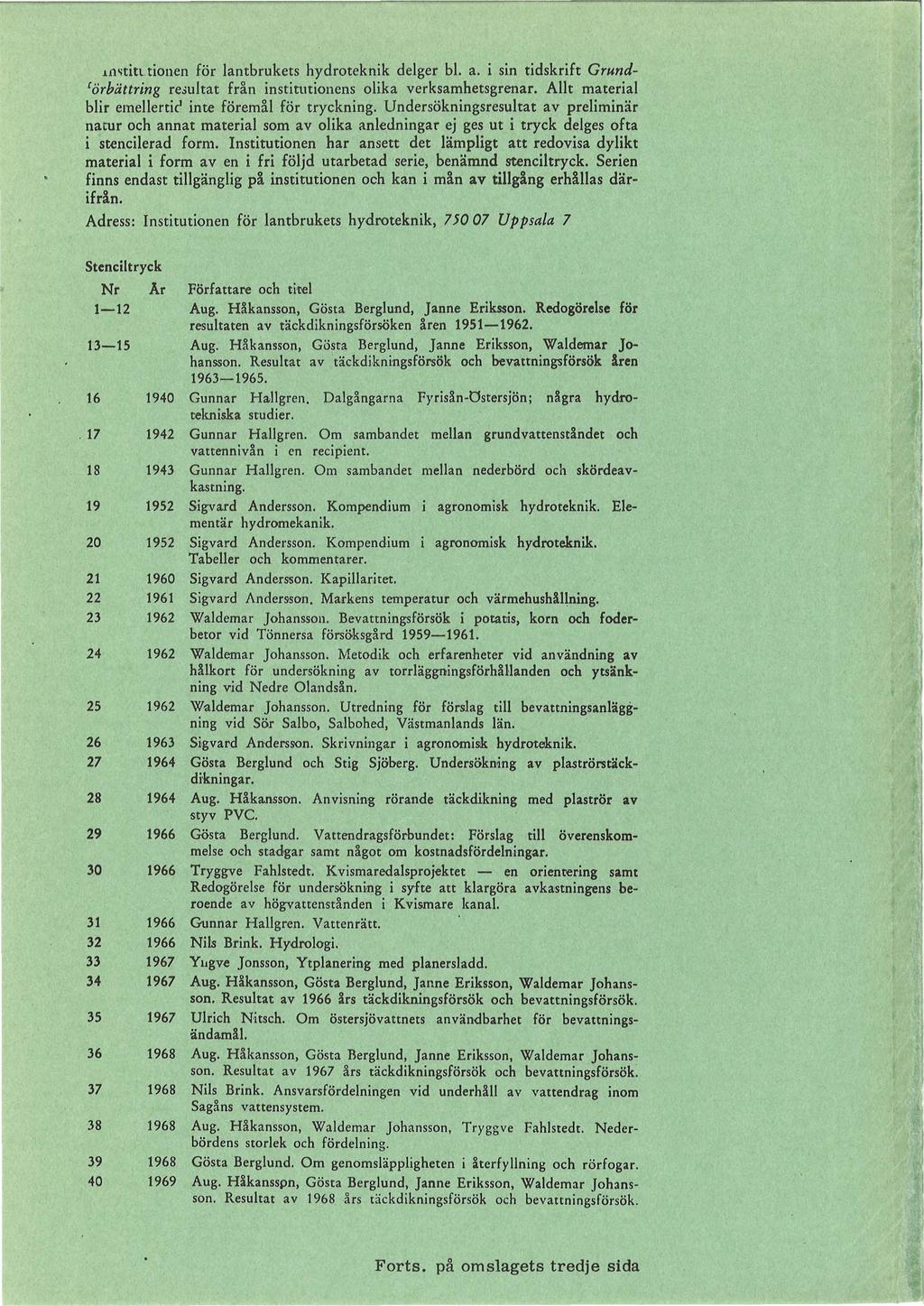 imtituionen för lantbrukets hydroteknik delger bl. a. i sin tidskrift Grundlärbättring re3ultat från institutionens olika verksamhetsgrenar. Allt material blir emeertic inte föremål för tryckning.