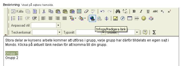Redigera sajtinformation och skriv in en lämplig text som länknamn, t ex Grupp 1. Markera texten (Grupp 1 i det här fallet) och klicka på ikonen för Infoga/Redigera länk.