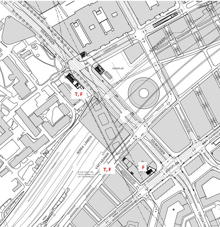 FIGUR 20. ÖVERSIKT ÖVER TRYCKUTJÄMNINGSSCHAKT (T) OCH FRISKLUFTSINTAG (F) STATION HAGASTADEN. FIGUR 21.