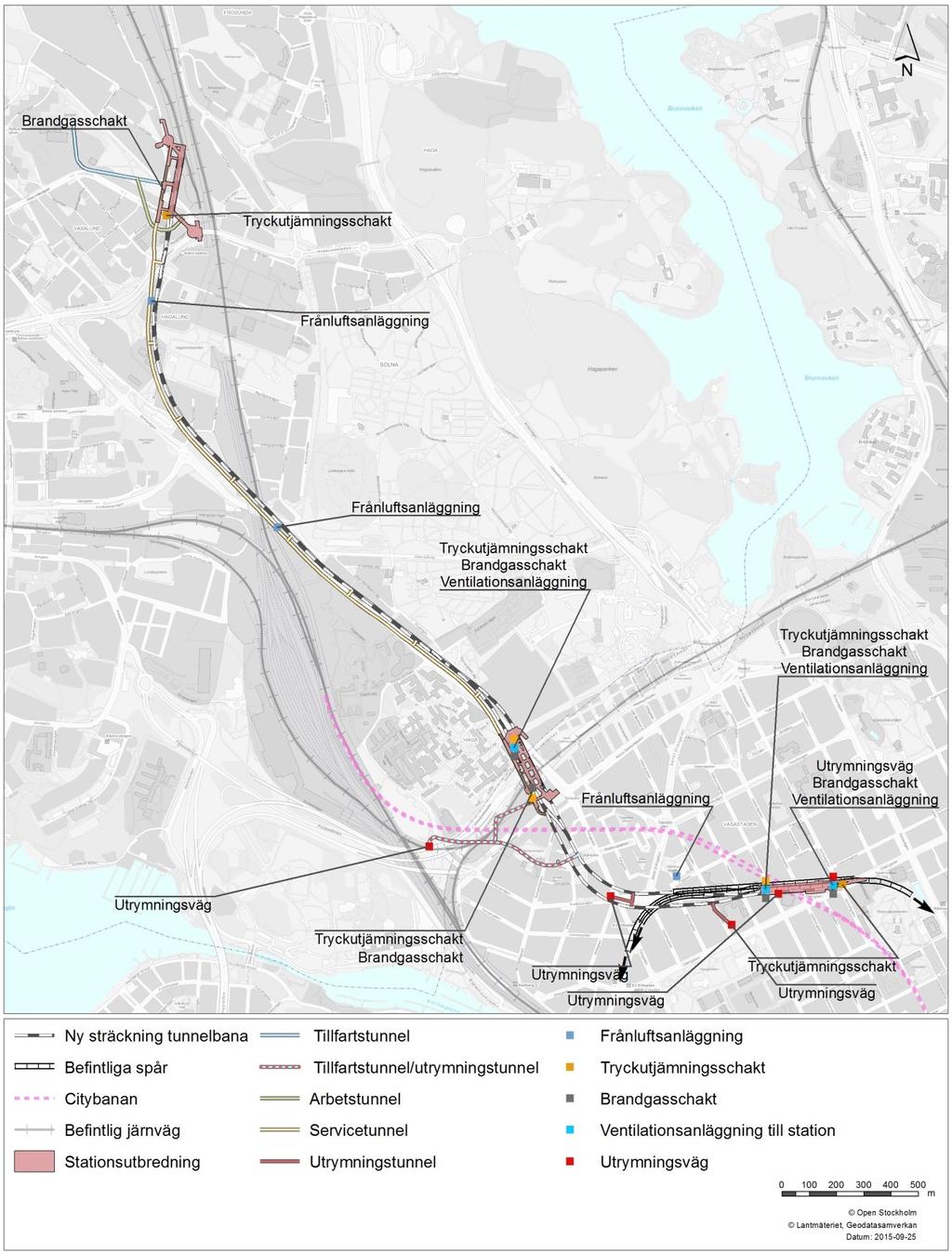 Figur 24. Utrymningsvägar, tillfartstunnel och servicetunnel.