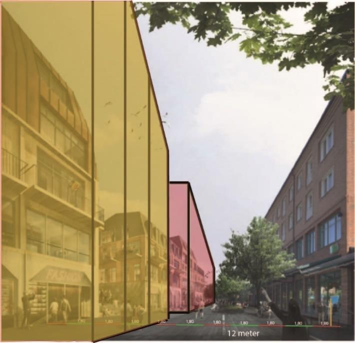 Jämförelse mellan samrådets illustratin där bilden visar en drygt 20 m bred gata ch schematisk bild över husens mer verkliga placering utifrån att gatan får en bredd på 12 meter sm stipuleras i