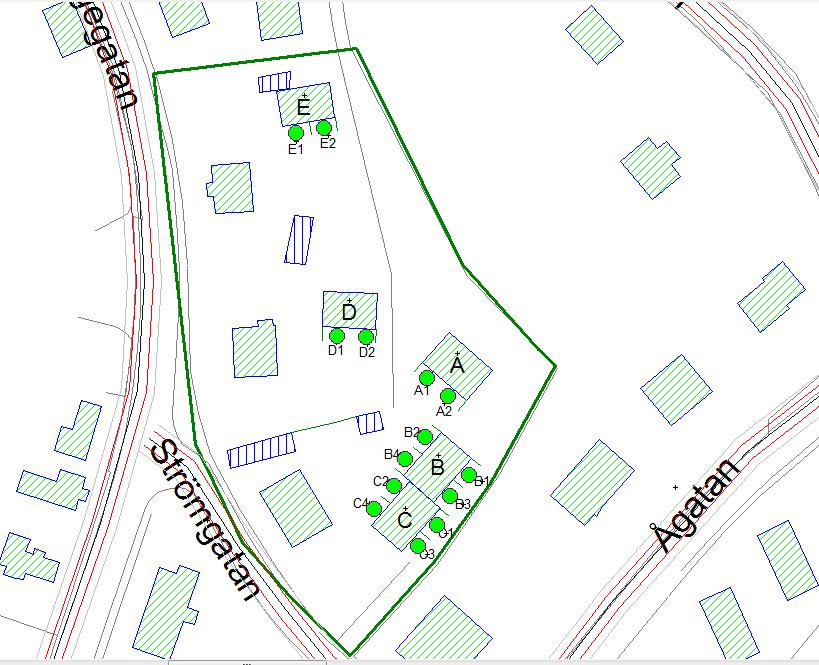 BULLERUTREDNING 11 Figur 2: Översikt över planområdet som modellerats i SoundPLAN 7.4, nybyggnad A-E, med tillhörande beräkningspunkter.