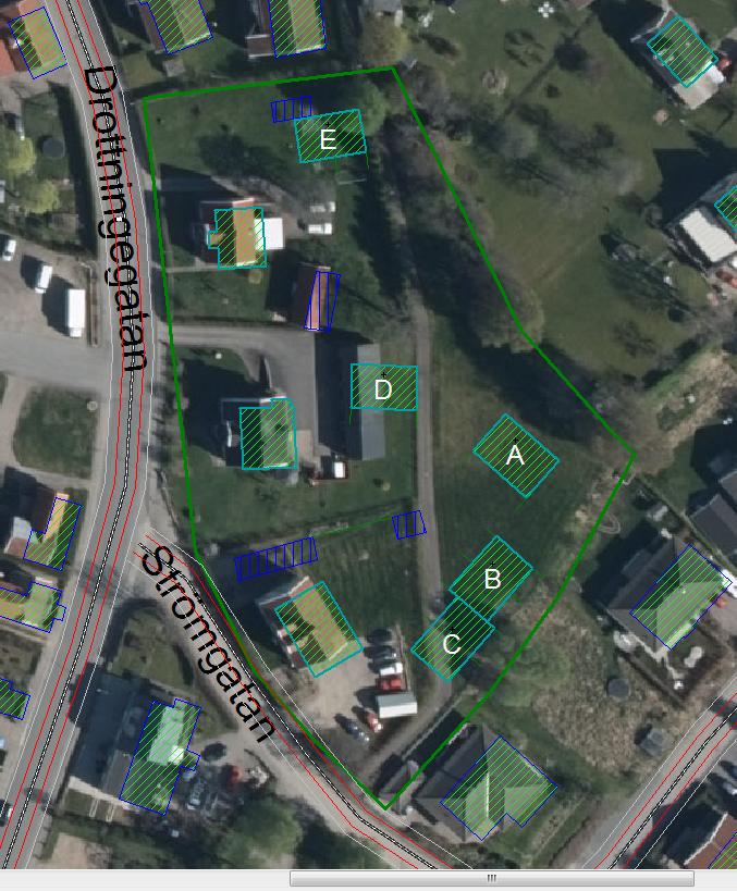 8 RAPPORT BULLER Figur 1: Planområdet avgränsat med grönt. Nya bostäder är markerade med bokstav A, B, C, D och E.