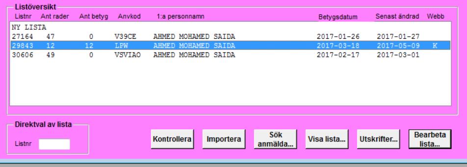 Administratören bearbetar listan igen i RS01. Observera! Har läraren valt att spara listan så är det fortfarande ett J i RS01, ingen arkivlista ska skrivas ut!