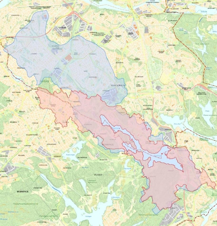 Sida 5 (8) Figur 1. Magelungens naturliga avrinningsområde (blå) och dagens tekniska avrinningsområde (röd). Stockholm Vatten och Avfall ansvarar för de allmänna dagvattensystemen i staden.